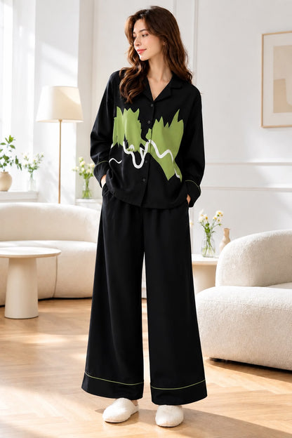 Black Olive Wave Printed V-Neck Button PJ Set For Her