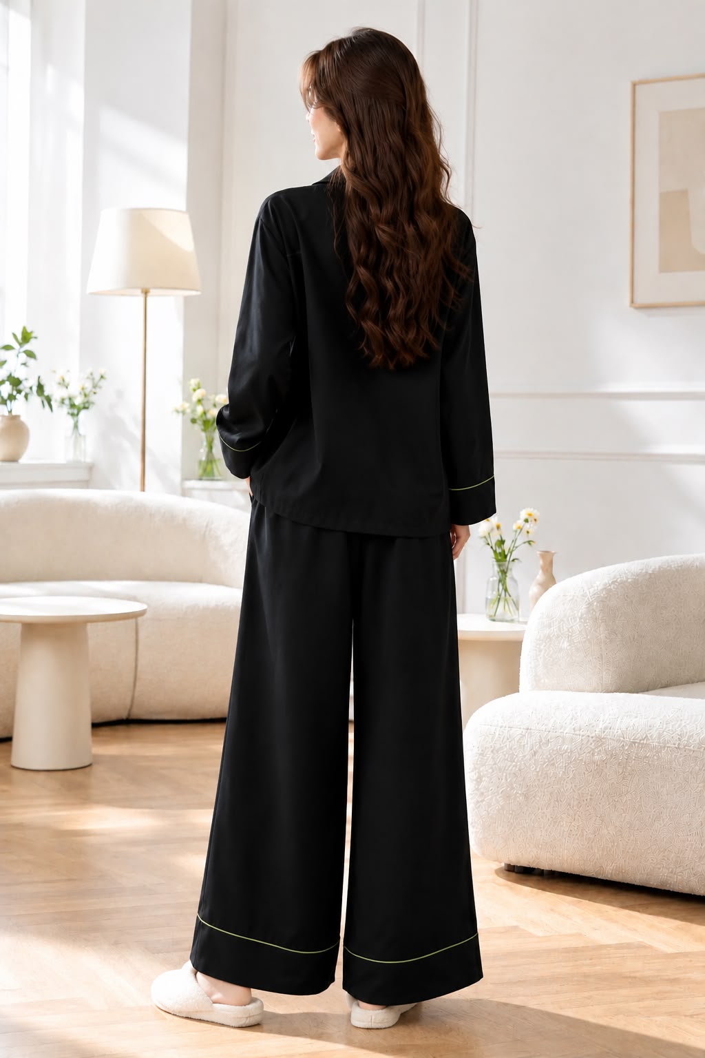 Black Olive Wave Printed V-Neck Button PJ Set For Her