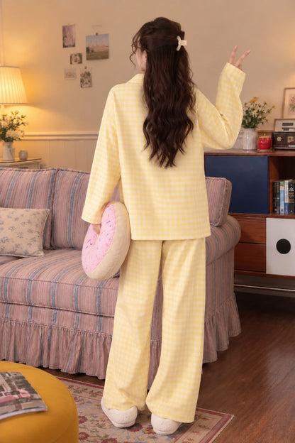 Lemon Check Printed Button Down PJ Set For Her