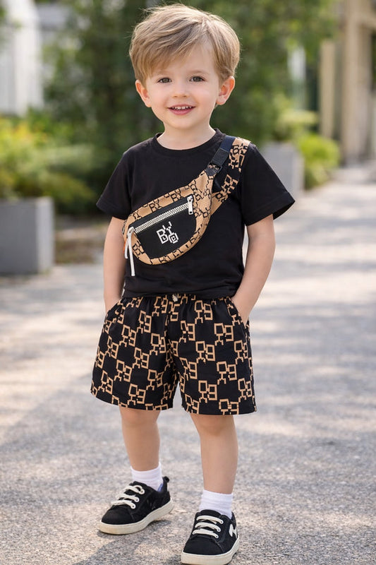 Black Front Pocket with Cheq Printed Half Sleeves Kids Suit