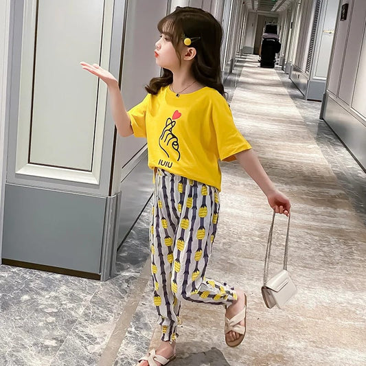 Yellow Charm Love Printed Half Sleeves T-Shirt with Printed Pajama For Kids