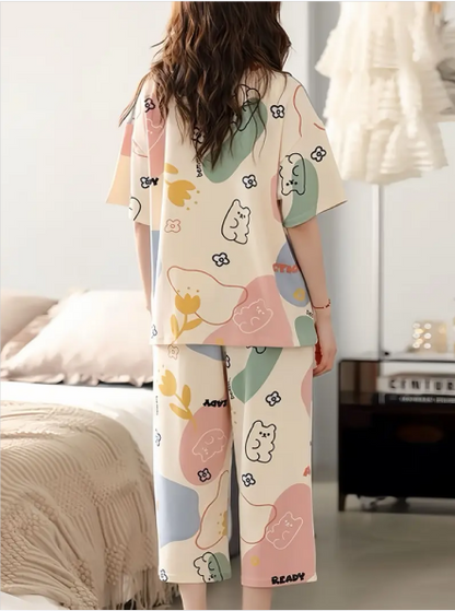Off White with Multi Bear Pattern Printed PJ Set For Her