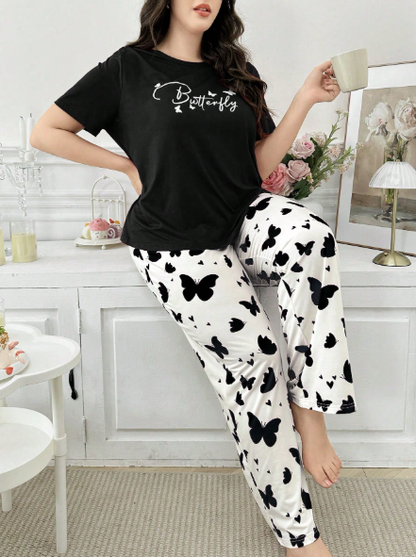 Black Butterflies with White Butterflies Printed PJ Set For Her