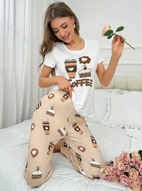 White Coffee Cake Printed PJ Set For Her