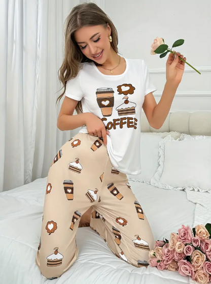 White Coffee Cake Printed PJ Set For Her