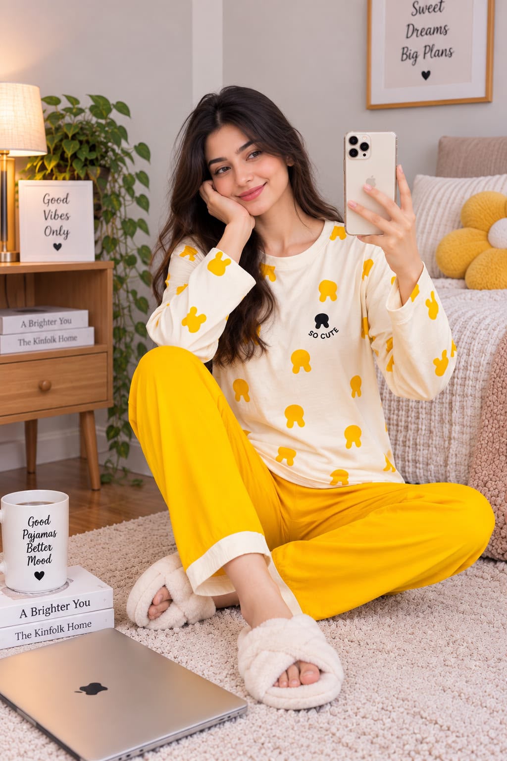 Off White Soo Cute Printed Full Sleeves PJ Set For Her