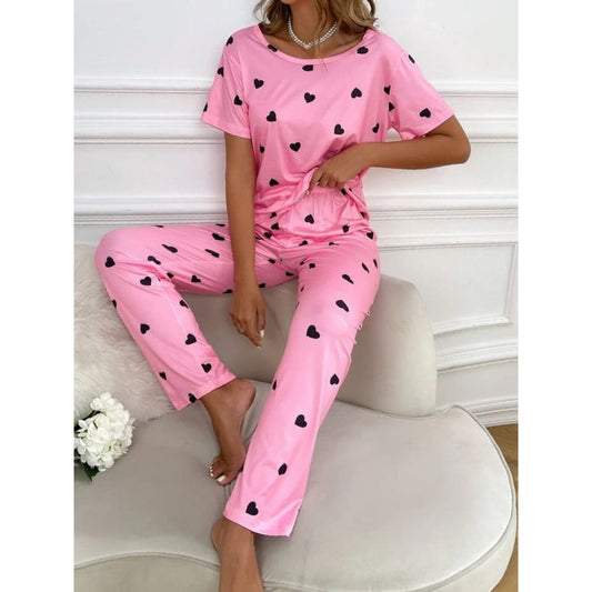 Baby Pink with Black Hearts Printed PJ Set For Her