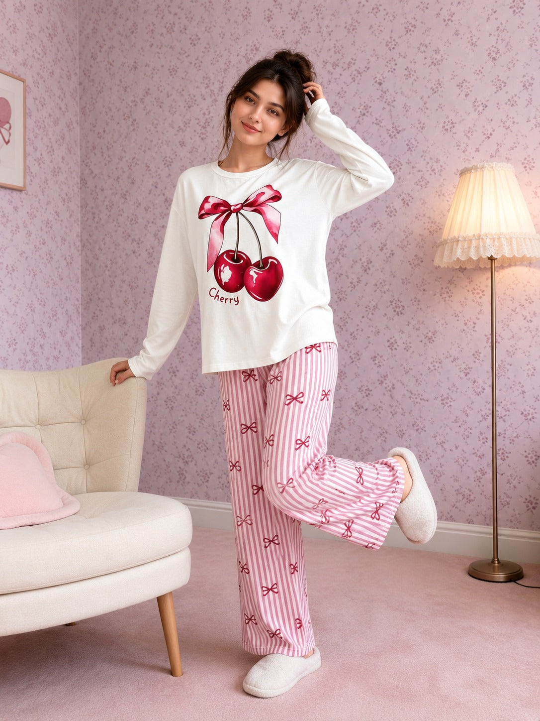 Sweet Cherry Printed Printed with Bow Printed Full Sleeves PJ Set For Her