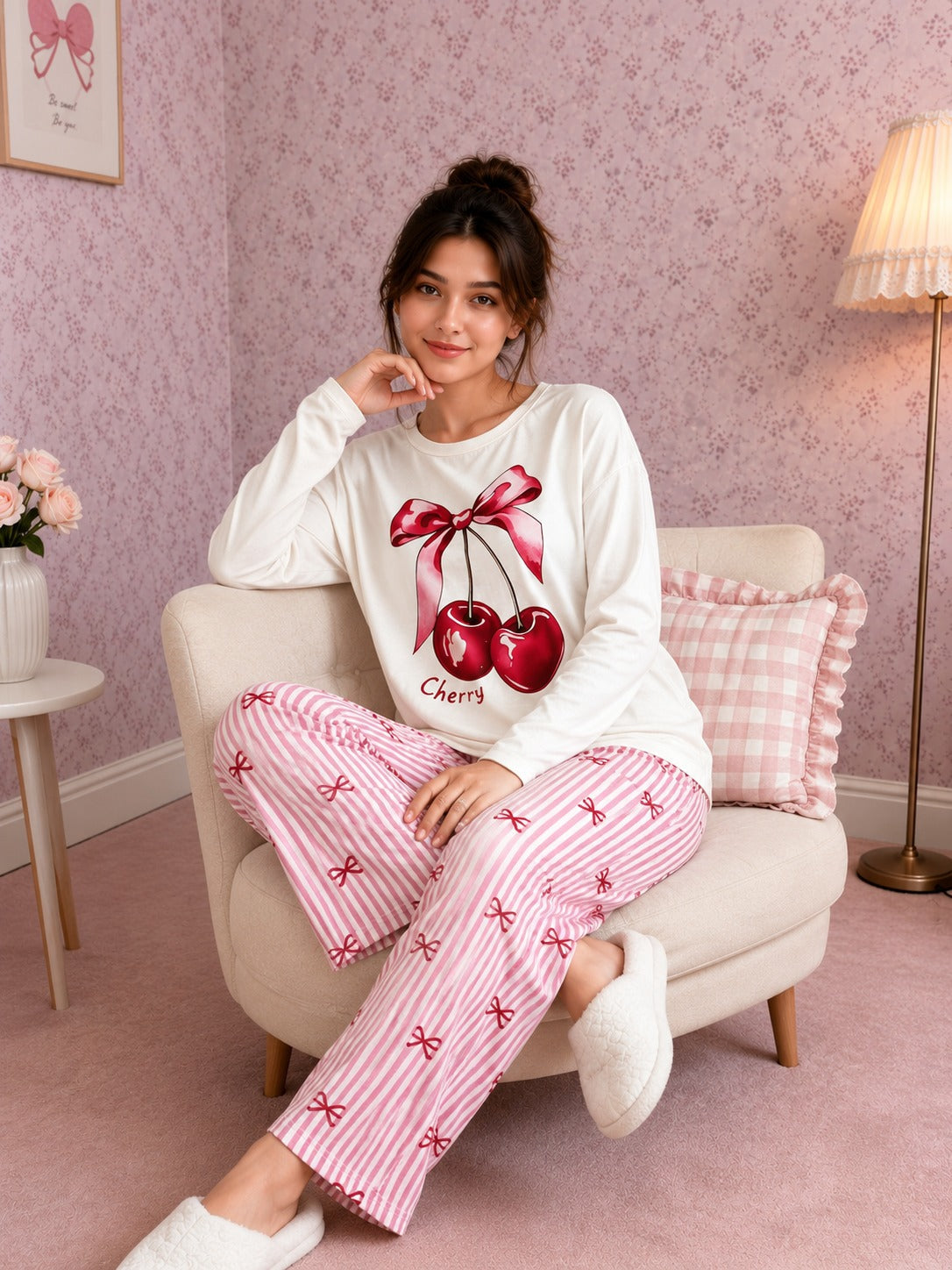 Sweet Cherry Printed Printed with Bow Printed Full Sleeves PJ Set For Her