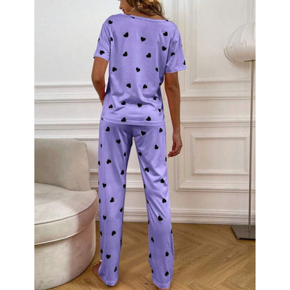 Lilac with Black Hearts Printed PJ Set For Her