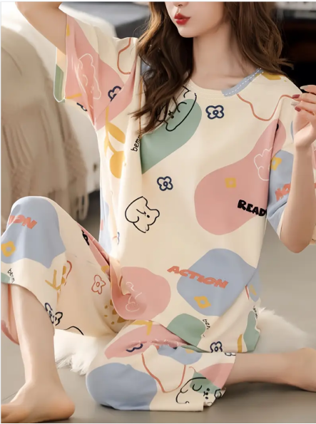 Off White with Multi Bear Pattern Printed PJ Set For Her