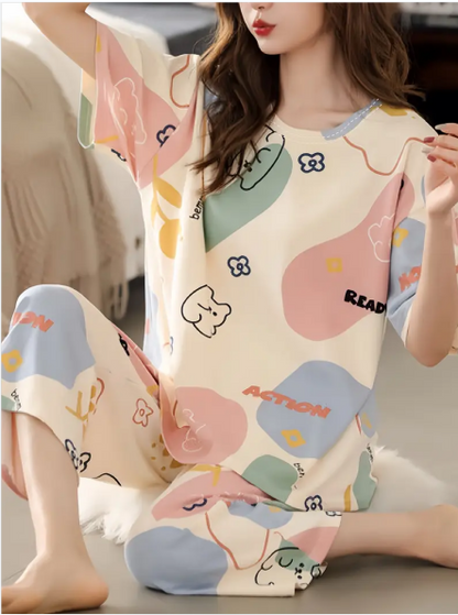 Off White with Multi Bear Pattern Printed PJ Set For Her