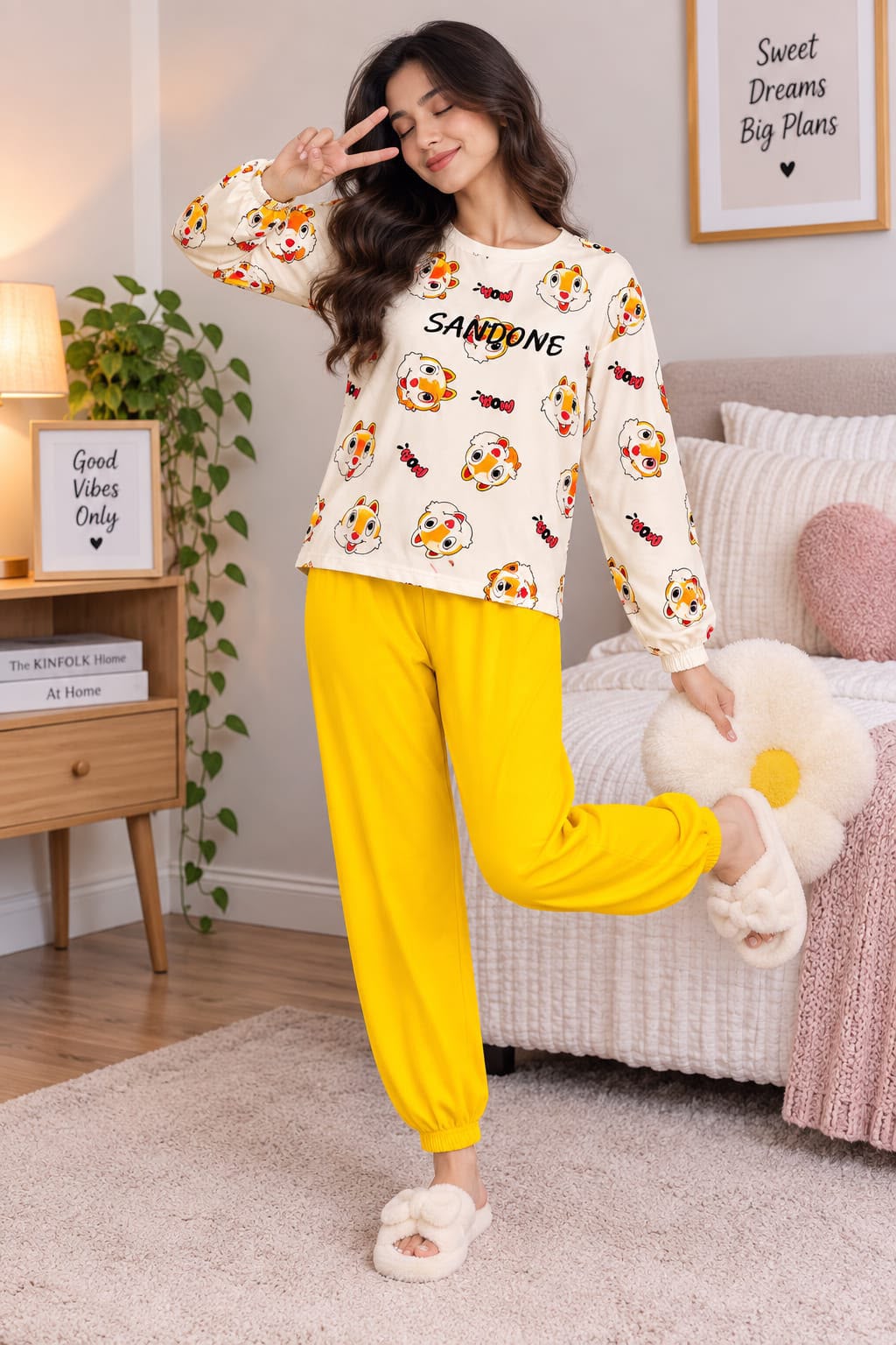 Off White Sandone Printed Full Sleeves PJ Set For Her