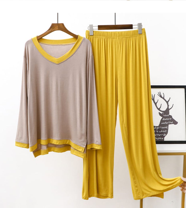 V-Neck Beige with Yellow Flapper Style Loungewear For Her