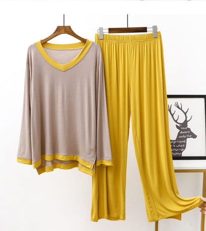 V-Neck Beige with Yellow Flapper Style Loungewear For Her