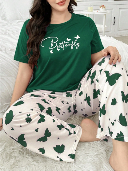 Green Butterflies with White Butterflies Printed PJ Set For Her