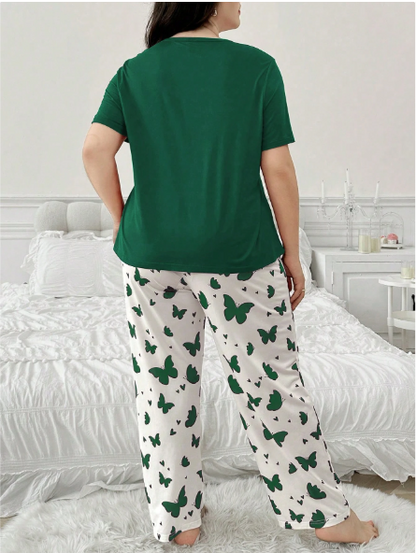 Green Butterflies with White Butterflies Printed PJ Set For Her