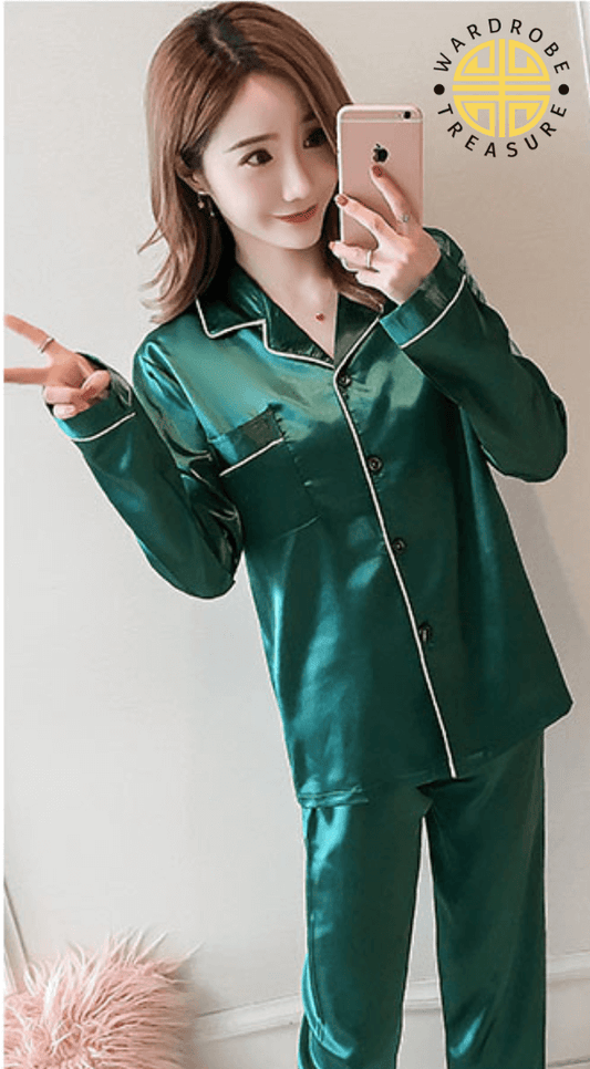 Bottle Green Silk PJ Set For Her