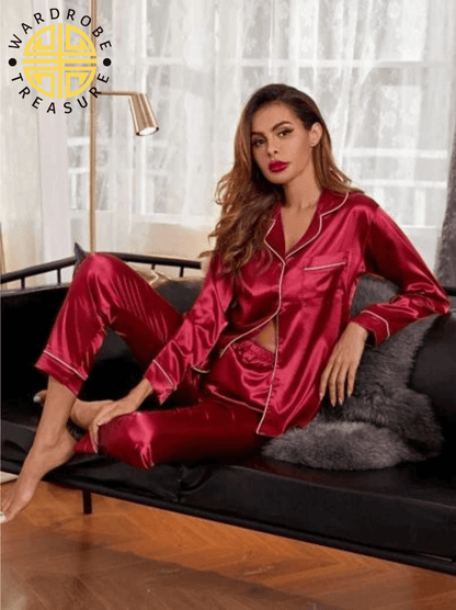 Burgundy Mehroon Silk PJ Set For Her