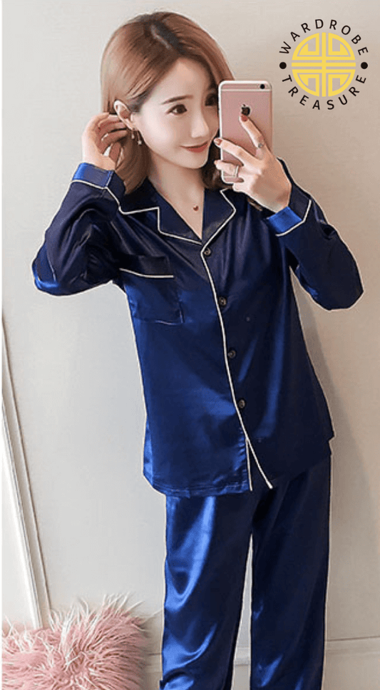 Navy Blue Silk PJ Set For Her