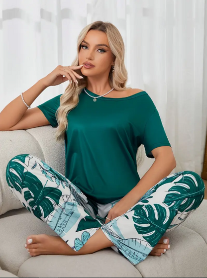 Green Plain Tee with Leaf's Pajama Printed PJ Set For Her