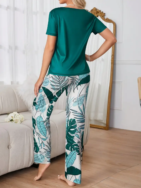 Green Plain Tee with Leaf's Pajama Printed PJ Set For Her