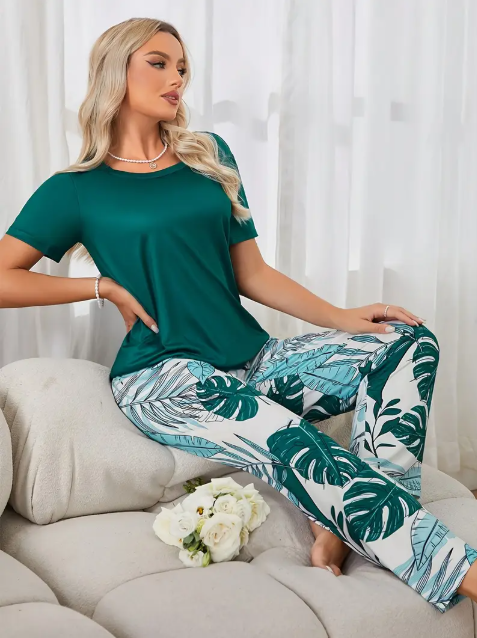 Green Plain Tee with Leaf's Pajama Printed PJ Set For Her