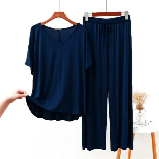 Navy Blue V-Neck Half Sleeves Lounge Wear For Her