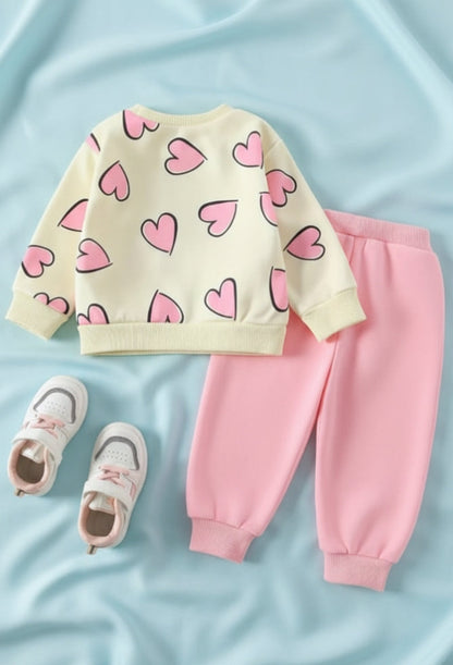 Off White with Pink Hearts Printed Sweatshirt with Pink Trouser For Kids