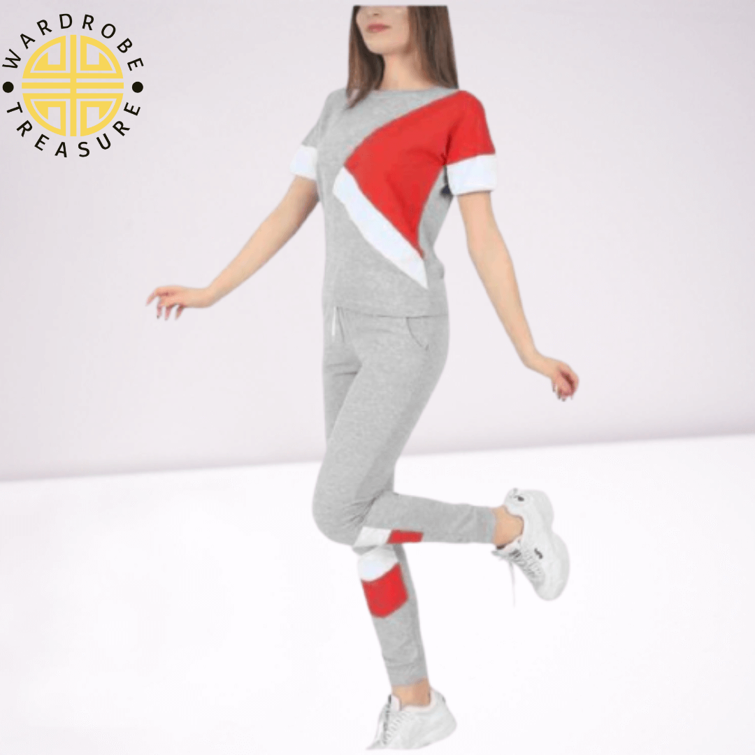 Light Grey With Red Panel TrackSuit For Her