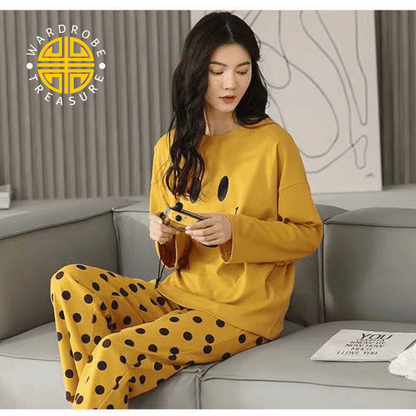 Yellow Smiley Printed Casual PJ Set For Her