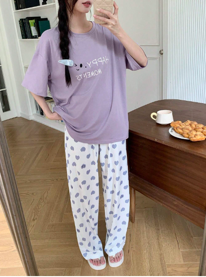 Lilac Happy Moments with Hearts Printed PJ Set For Her