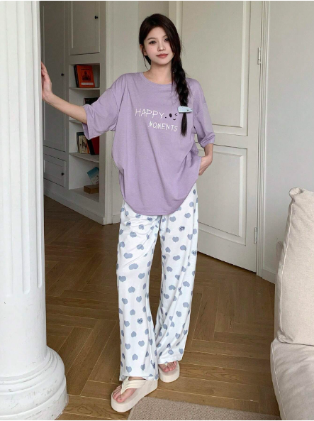 Lilac Happy Moments with Hearts Printed PJ Set For Her