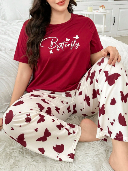 Maroon Butterflies with White Butterflies Printed PJ Set For Her