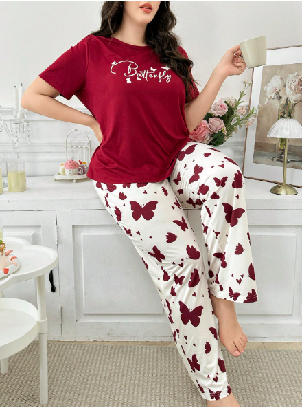 Maroon Butterflies with White Butterflies Printed PJ Set For Her