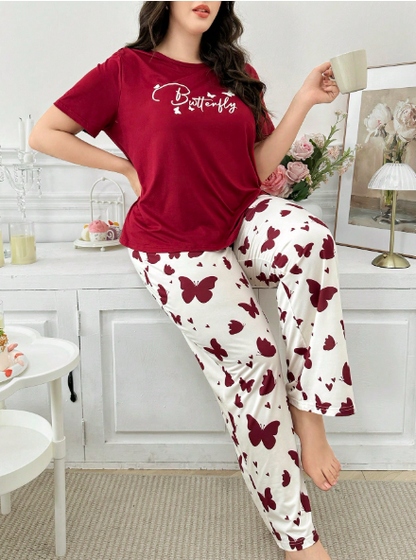 Maroon Butterflies with White Butterflies Printed PJ Set For Her