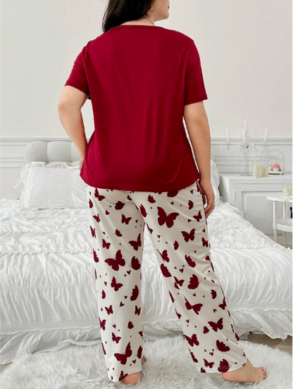 Maroon Butterflies with White Butterflies Printed PJ Set For Her