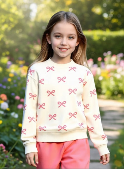 Off White with Pink Bow Printed Sweatshirt with Pink Trouser For Kids