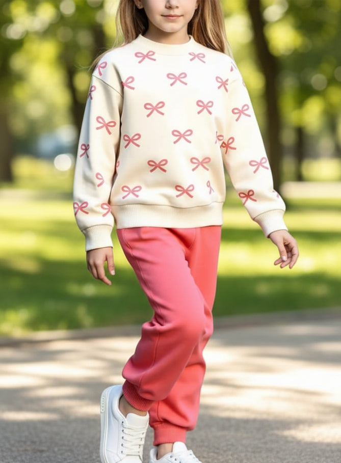 Off White with Pink Bow Printed Sweatshirt with Pink Trouser For Kids