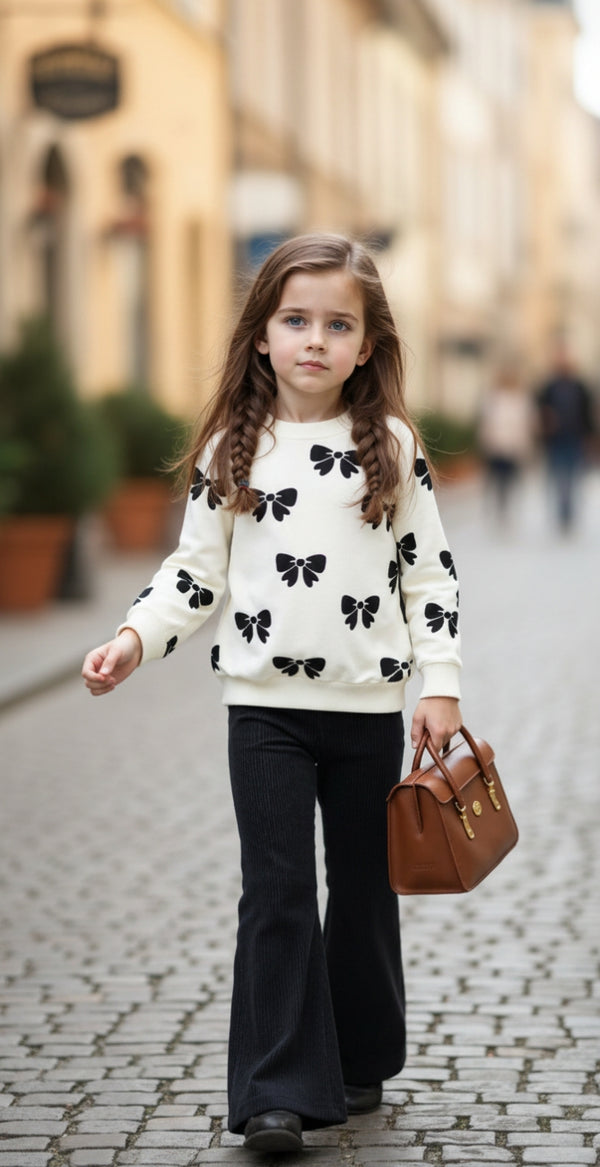 White with Black Bow Printed Sweatshirt with Black Trouser For Kids