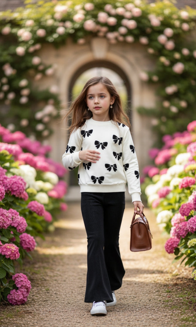 White with Black Bow Printed Sweatshirt with Black Trouser For Kids