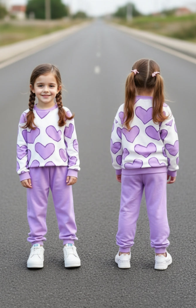 Off White with Lilac Hearts Printed Sweatshirt with Lilac Trouser For Kids