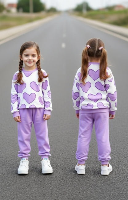 Off White with Lilac Hearts Printed Sweatshirt with Lilac Trouser For Kids