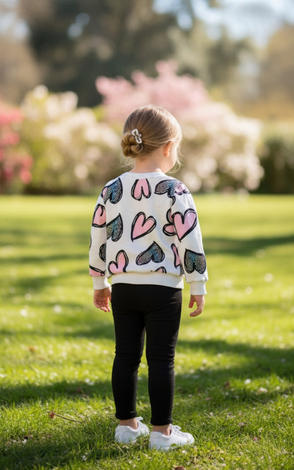 White with Pink & Black Hearts Printed Sweatshirt with Black Trouser For Kids