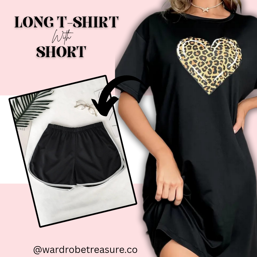 Black with Cheetah Heart Printed Long Tee For Her