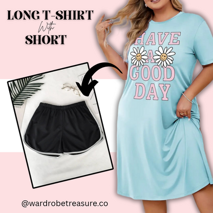 Ice Blue Have a Good Day Printed Long Tee For Her