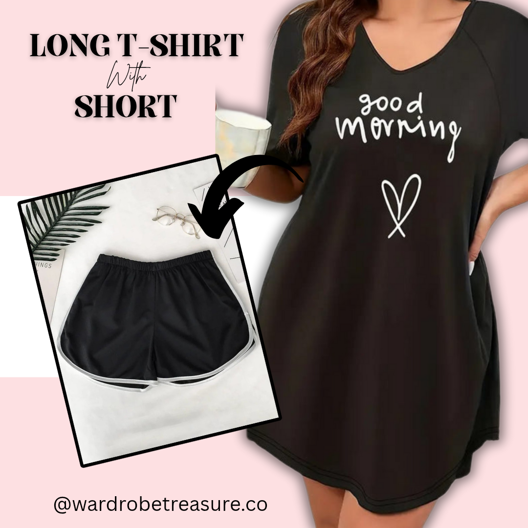 Black Good Morning with Heart Printed Long Tee For Her