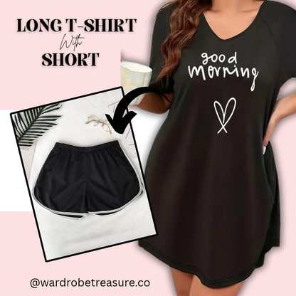 Black Good Morning with Heart Printed Long Tee For Her