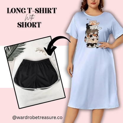 Ice Blue Happy Cats Printed Long Tee For Her