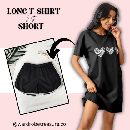 Black with White Hearts Printed Long Tee For Her